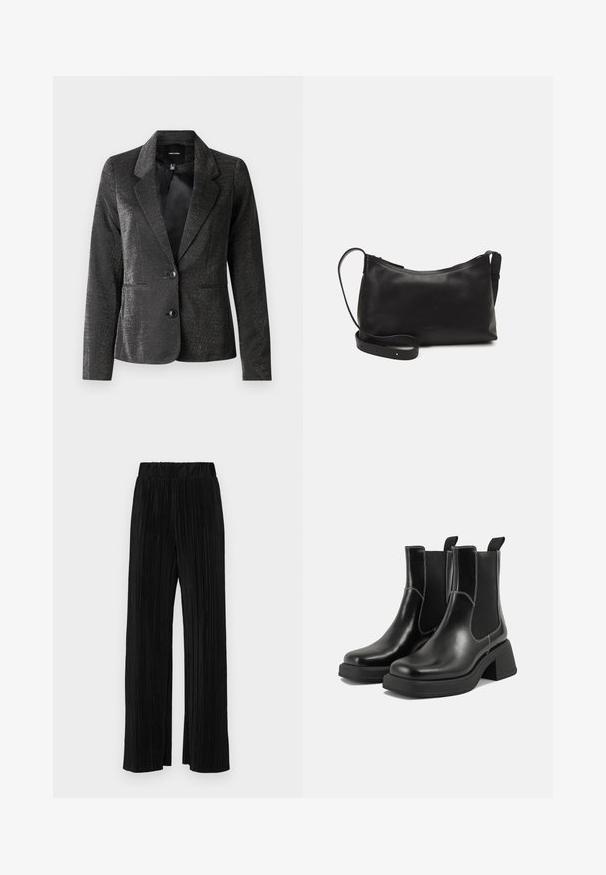 Black blazer made of shiny fabric with a notched collar, two front pockets, and two buttons. Textured surface adds visual interest.; Set of two long-sleeve tops in white and black. Ribbed texture, round neck, fitted design with slightly flared sleeves.; Black pleated trousers with an elastic waistband. Features wide legs and a smooth, textured fabric with vertical stripes.; Black leather Chelsea boots with a chunky heel, elastic side panels, and contrasting white stitching. Textured finish.; Black leather shoulder bag with a smooth texture, curved shape, adjustable strap, and a zip closure. Minimalist design without embellishments.