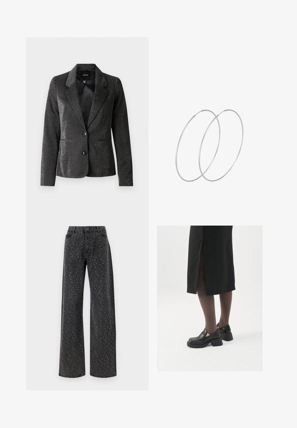 Čierny blejzer vyrobený z lesklého materiálu, s klopovým golierom, dvoma prednými vreckami a dvoma gombíkmi. Textúrovaný povrch pridáva vizuálny záujem.; Čierny body s dlhými rukávmi, s rezom do V z priesvitnej látky a zhromaždením na pleciach. Hladká tkanina s priliehavým strihom.; Noisy May NMJANNEL LOOSE - Džínsy voľného strihu - black denim; Čierne kožené topánky s okrúhlou špičkou, silným blokovým opätkom a elastickými bočnými akcentmi, skombinované s tmavými pančuchami a čiernou sukňou so štiepením.; Strieborné kruhové náušnice s minimalistickým dizajnom. Cirkulárny tvar, hladký povrch a tenký profil. Ľahké s lesklým povrchom.