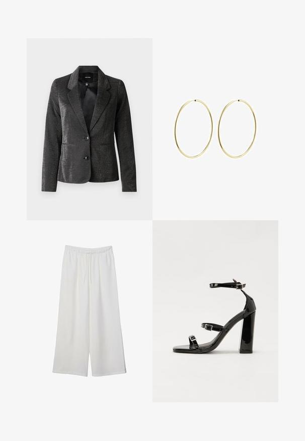 Czarna marynarka z błyszczącego materiału, z klapami, dwoma przednimi kieszeniami i dwoma guzikami. Teksturowana powierzchnia dodaje wizualnego zainteresowania.; Czarny bezrękawnik crop top z gładkiego materiału, z okrągłym dekoltem i czystym, prostym wzornictwem, bez wzorów czy metalowych elementów.; Białe szerokie spodnie wykonane z lekkiego materiału, z elastyczną talią i sznurkiem do regulacji fasonu. Gładka tekstura.; Czarne lakierowane sandały na obcasie z kwadratowym noskiem, z paskami wokół kostki i srebrnymi klamrami. Posiadają masywny słupek dla stabilności.; Złote kolczyki w kształcie obręczy o gładkim, zaokrąglonym wzorze. Cienkie i lekkie, z ciągłą pętlą, bez żadnych ozdób.