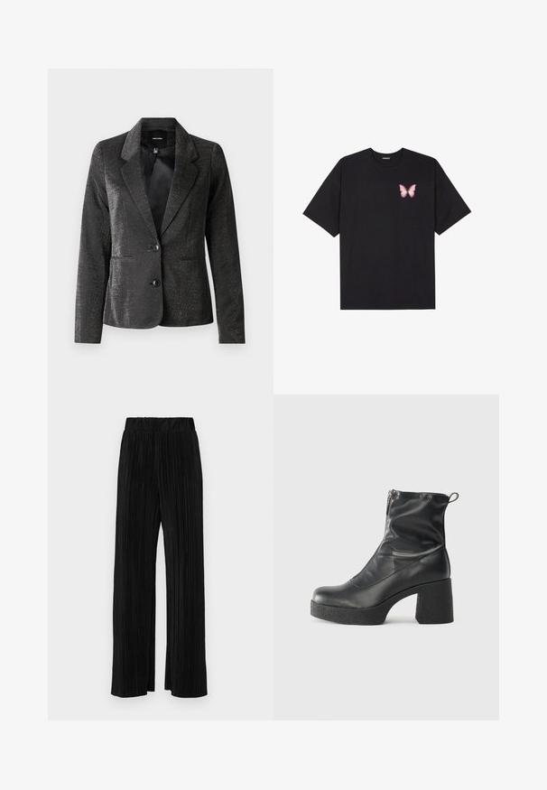 Fekete blézer fényes anyagból, élénk gallérral, két elülső zsebbel és két gombbal. A texturált felület vizuális érdekességet ad.; Fekete pamut póló rövid ujjakkal, bal mellkason egy kis rózsaszín pillangó grafikával. Kerek nyakú kialakítás, laza fazonnal.; Fekete pliszírozott nadrág gumis derekkal. Széles lábakkal rendelkezik, sima, texturált anyagból készült, függőleges csíkokkal.; Fekete bokacsizmák sima bőrből, oldalsó cipzárral, vastag, texturált sarkú és lekerekített orrú dizájnnal.