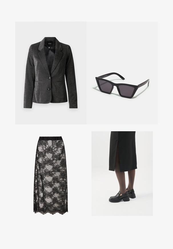 Blazer noir en tissu brillant avec un col à revers, deux poches avant et deux boutons. La surface texturée ajoute un intérêt visuel.; Haut à col roulé noir, manches courtes, design ajusté, texture douce, coutures minimales et un col montant.; Jupe en dentelle noire avec un ourlet festonné, ornée d'un motif floral et d'une texture transparente. Ceinture élastique pour un port confortable.; Chaussures noires en cuir avec un bout arrondi, un épais talon bloc et des accents latéraux élastiques, associées à des bas foncés et une jupe noire avec une fente.; Lunettes noires angulaires avec des verres gris ; fabriquées en plastique, avec des branches épaisses à la surface lisse et sans matériel visible.