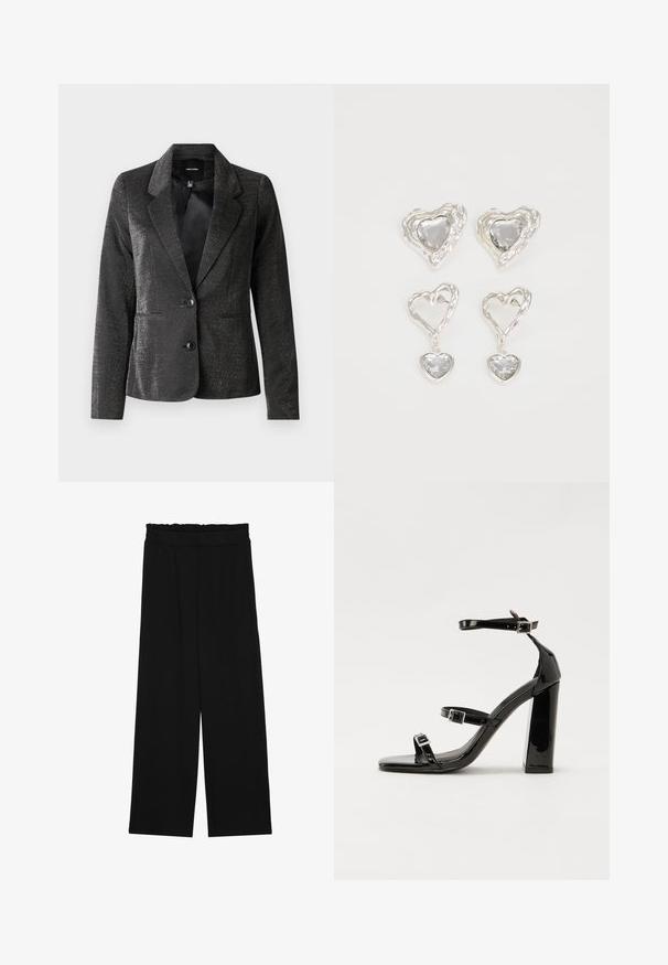 Svart kavaj i glänsande tyg med slagkrage, två framfickor och två knappar. Den texturerade ytan tillför visuellt intresse.; Svart t-shirt i bomull, med korta ärmar över ett vitt långärmat lager med en subtil texturdesign. Rundad halsringning.; Svarta vida byxor med en volang vid midjan, med två sidofickor och ett slätt, lätt tyg. Inga synliga mönster eller detaljer.; Svarta lackerade klacksandaler med fyrkantig tå, ankelremmar och silverfärgade spännen. Har en kraftig blockklack för stabilitet.; Silvriga örhängen i hjärtform har slipade klara stenar och en texturerad ram. Setet inkluderar både stift- och hängande stilar.
