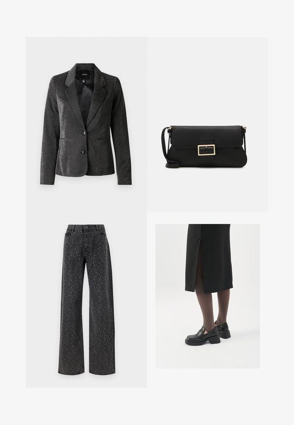 Black blazer made of shiny fabric with a notched collar, two front pockets, and two buttons. Textured surface adds visual interest.; White sleeveless tank top made of ribbed fabric, featuring a rounded neckline and a fitted silhouette, with minimal seams and no embellishments.; Noisy May NMJANNEL LOOSE - Relaxed fit jeans - black denim; Black leather shoes with a rounded toe, thick block heel, and elastic side accents, paired with dark tights and a black skirt with a slit.; Black leather clutch bag with a flap and a gold metal buckle detail. Includes a black strap and a sleek, minimalist design.