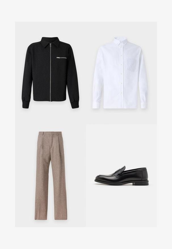 Zwarte zip-up jas met een textuurpatroon van het logo, kraag, en zijzak met rits. Voorzien van ribgebreide manchetten en zoom.; Witte lange mouwen overhemd van katoen, met een borstzak met tonale borduring, een kraag en knopenmanchetten.; Bruine, hooggewaisted broeken van een gestructureerde stof. Heeft wijde benen en twee voorplooien voor extra structuur. Net afgewerkt zonder zichtbare hardware.; Zwarte leren instappers met een gladde textuur, ronde neus en een decoratieve band over de wreef. Lage, gestapelde hak en minimalistisch ontwerp.