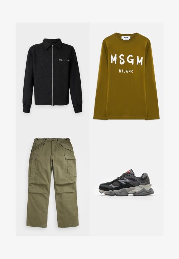 Zwarte zip-up jas met een textuurpatroon van het logo, kraag, en zijzak met rits. Voorzien van ribgebreide manchetten en zoom.; Olijfgroene T-shirt met lange mouwen van katoen, met grote witte opdruk van "MSGM" en "MILANO" op de voorkant.; Olijfgroene cargobroek van gestructureerde stof, met meerdere voor- en zijzakken en versterkte stiksels op de naden.; Zwarte en grijze sneaker met een mix van suede en mesh materialen, dikke zool, opvallend logo en een rode accent op de tong.