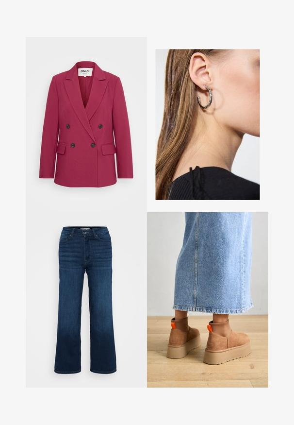 Kahe nööbiga magenta bleiser mustade nööpidega, väikeste klappidega, kahe esikohtaga ja sileda tekstuuriga. Silt ütleb "ONLY".; Even&Odd Petite 2 PACK - Topp - light grey/black; ONLY Petite ONLMADISON BLUSH WIDE - Wide leg - dark blue denim; Pruunid nahatooted platvormikontsad elastsete külgpaneelidega ja oranžide tõmbetuttidega, koos puusani ulatuva heleda denim-seelikuga puidust põrandal.; Hõbedane rõngas kõrvarõngas poleeritud viimistlusega, millel on väikesed kuldsed aktsendid ja ümmargune kuju, kantud lobus.