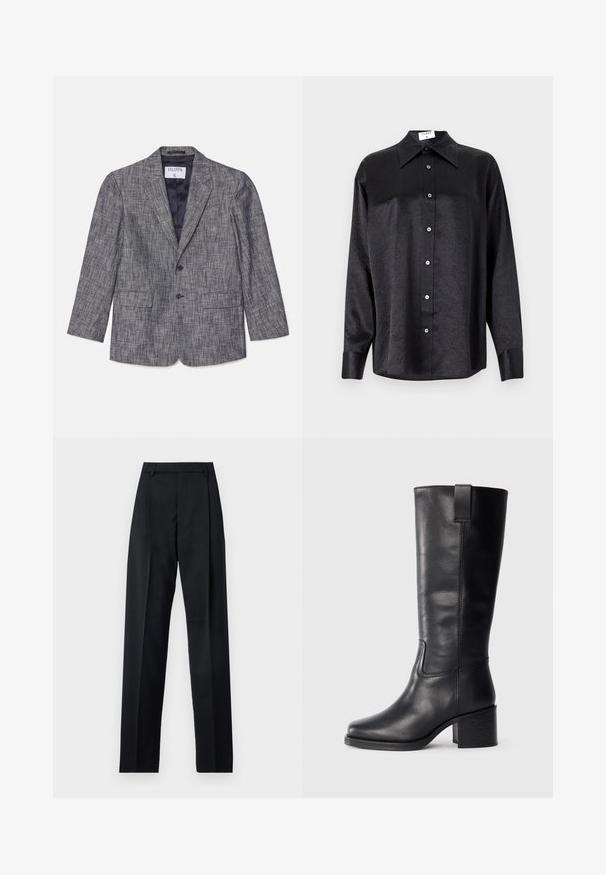 Grijze op maat gemaakte blazer van textuurstof, met een enkelvoudige knoopsluiting, twee knopen en notch-revers. Beschikt over twee voorzakken en een marineblauwe voering.; Zwarte blouse met lange mouwen en een kraag, voorzien van een gekreukt oppervlak, volwaardige knopen aan de voorkant en manchetten. Gemaakt van een gladde stof.; Zwarte broek gemaakt van gladde stof met een hoge taille, wijde benen, voorplooien en klassieke ceintuurlussen. Geen zijzakken zichtbaar.; Zwarte leren kniehoge laarzen met een gladde textuur, vierkante neus, blokhak en zijhandvat, met minimale stikseldetails.