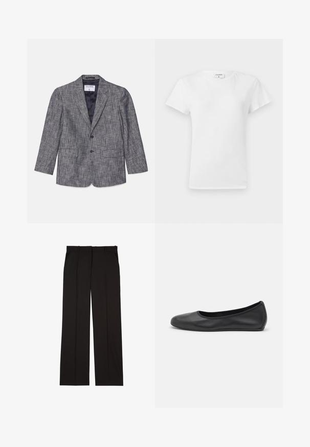 Grå skræddersyet blazer med et struktureret stof, en enkeltklaps design, to knapper og reverskraver. Har to forlommer og en marineblå foring.; Hvid bomulds t-shirt med rund hals og korte ærmer, præsenteret i et afslappet fit og minimalistisk design. Etiketten er synlig ved halsen.; Sorte skræddersyede bukser lavet af et glat stof, med et lige ben-design og to sidelommer. Elegant og minimalistisk konstruktion.; Sort læderballetsko med rund tå, glat tekstur, minimal syning og et fleksibelt såldesign.