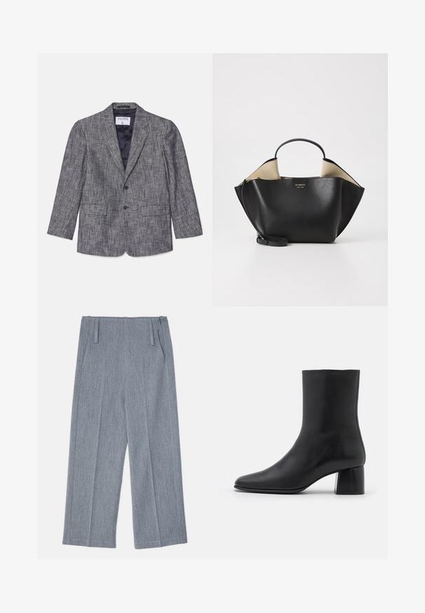 Blazer grigio su misura con un tessuto testurizzato, design monopetto, due bottoni e revers a punta. Presenta due tasche frontali e una fodera blu navy.; Maglietta nera a maniche lunghe realizzata in tessuto morbido, con scollo rotondo e vestibilità ampia, dotata di spacchi laterali all'orlo per facilitare i movimenti.; Pantaloni larghi grigio chiaro realizzati in tessuto testurizzato, con due pieghe frontali e due tasche laterali. Design pulito e sartoriale.; Stivali ankle in pelle nera con punta affusolata e tacco quadrato grosso. Texture liscia con un design senza cuciture e cuciture minimaliste.; Ree Projects ANN TOTE MINI - Borsa a mano - black