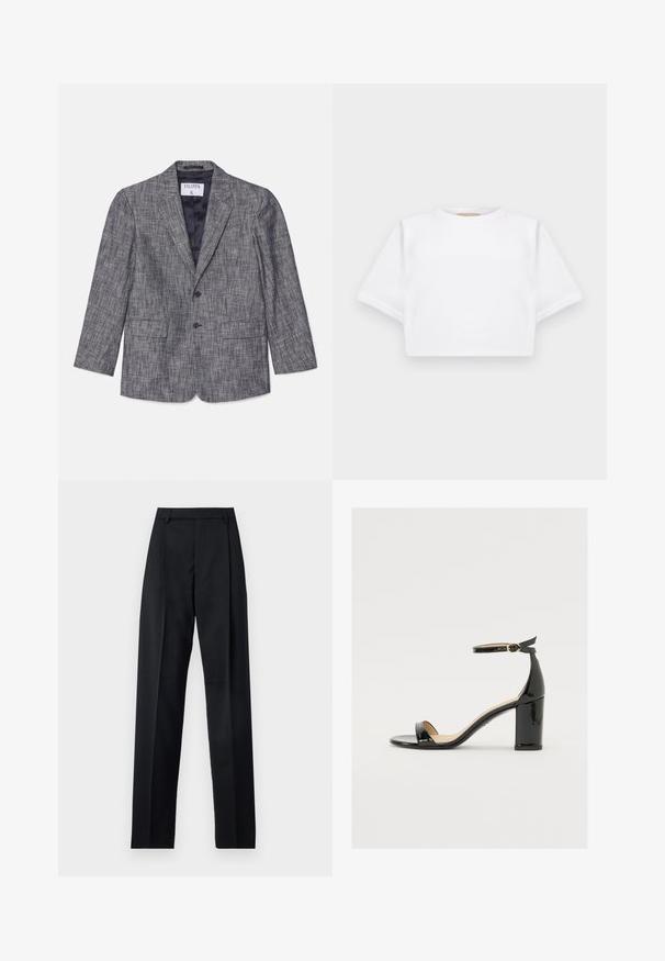 Grå skræddersyet blazer med et struktureret stof, en enkeltklaps design, to knapper og reverskraver. Har to forlommer og en marineblå foring.; KFrakelse hvid t-shirt lavet af blødt stof, med korte ærmer, rund halsudskæring og ribbede nederste detaljer. Enkel og udekoreret design.; Sorte bukser lavet af glat stof, der har høj talje, brede ben, frontfolder og klassiske bælteløkker. Ingen synlige sidelommer.; Sorte lakerede sandaler med bred hæl, åben tå og ankelrem med en guldbuckle. Glat tekstur og strømlinet design.