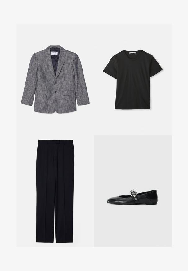 Szary dopasowany żakiet z teksturowanej tkaniny, jednozgniataniowy fason, dwa guziki i klapy z wycięciem. Posiada dwie przednie kieszenie i granatową podszewkę.; Czarny t-shirt z krótkim rękawem i okrągłym dekoltem, wykonany z bawełny, leży płasko na białym tle, z widoczną metką marki wewnątrz kołnierza.; Czarne dopasowane spodnie o prostym kroju nogawki, z dwoma przednimi kieszeniami i fałdami z przodu, wykonane z gładkiego, lekkiego materiału.; Czarne skórzane baletki z wąskim noskiem, z paskiem z okrągłą metalową klamrą i płaską podeszwą.