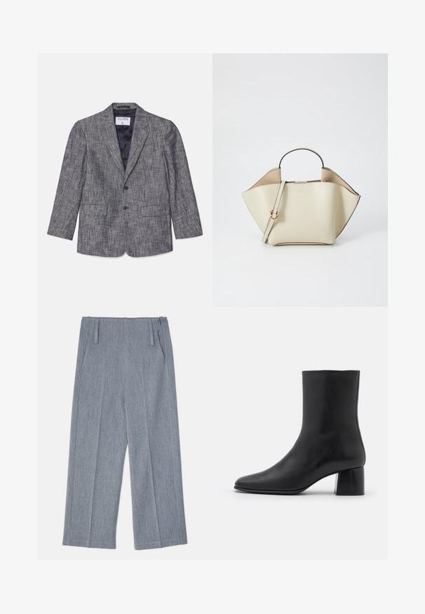 Hallmeline hallikava hallitus, millel on tekstuuriga kangas, ühes rinnaosaga disain, kaks nuppu ja sälgu kaelus. Omab kahte eesmist taskut ja tumesinist voodrit.; Pikad varrukad valge T-särk ümarate kaelustega, mille sildil on sees "WEEKDAY", laotatuna helesinise tausta peale.; Heledad hallid, laiad püksid, mis on valmistatud tekstureeritud kangast, sisaldavad kahte esitaalust ja kahte küljetaskut. Puhtne, kohandatud disain.; Must musta ankle boot terava nina ja turske ruudukujulise kontsaga. Sile tekstuur, sujuv disain ja minimaalne õmblus.; Ree Projects ANN - Käekott - beige