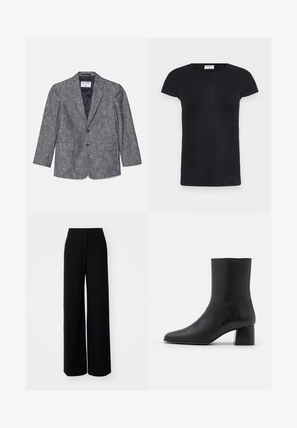Szary dopasowany żakiet z teksturowanej tkaniny, jednozgniataniowy fason, dwa guziki i klapy z wycięciem. Posiada dwie przednie kieszenie i granatową podszewkę.; Czarny prążkowany T-shirt z okrągłym dekoltem i krótkimi rękawami. Miękki materiał o dopasowanym kształcie, z metką na dekolcie.; Czarne spodnie z szerokimi nogawkami i wysokim stanem, gładki materiał, zapinane na guziki z przodu, bez widocznych kieszeni, o dopasowanym kroju.; Czarne skórzane botki za kostkę z ostrym noskiem i masywnym kwadratowym obcasem. Gładka faktura z bezszwowym designem i minimalnym przeszyciem.