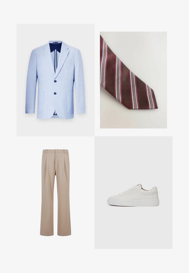 Gaiši zila svītrainā žakete, ar vienu pogu, divām pogām priekšā, ar iegriezumiem un priekšējām kabatām, tumši zila oderējuma. Pielāgota piegriezuma un gluda tekstūra.; Balts kokvilnas krekliņš ar pogām, klasisku apkakli, garām piedurknēm un mazu izšūtu logotipu kreisajā krūtī.; Beige plisētās bikses, izgatavotas no gludas auduma ar taisna kāju dizainu, ar pogu aizdari un smalkām diegu detaļām.; Baltas ādas zema profila sporta apavi ar noapaļotu purngali, platu baltu gumijas zoli un minimālistisku šuvju detaļu. Šņorēšana droši piestiprināta caur sešiem acs caurumiem.; Next STRIPE - Kaklasaite - red