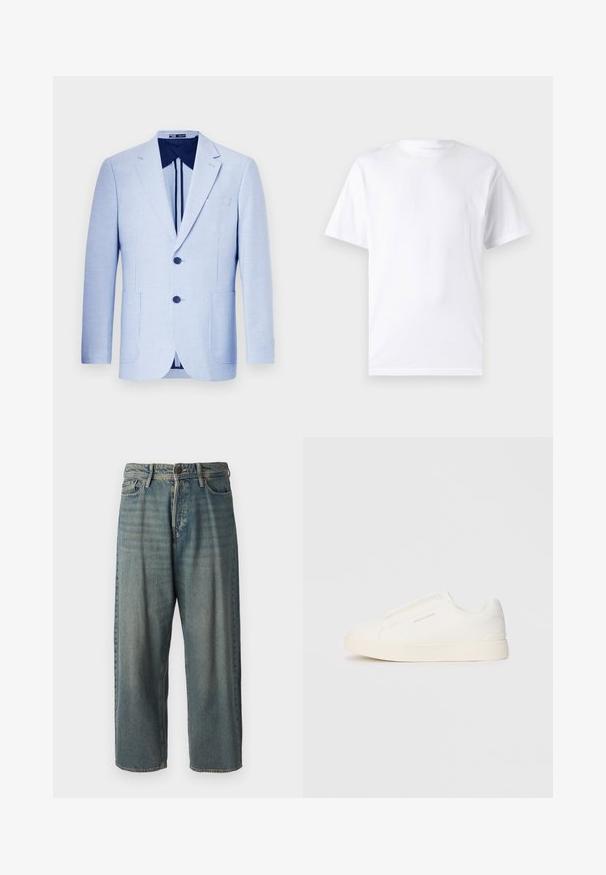 Šviesiai mėlynas dryžuotas švarkas, vieno mygtuko, su dviem mygtukais, su įpjovomis apykaklėmis, priekinėmis kišenėmis ir tamsiai mėlynu pamušalu. Tinkamo kirpimo ir glotnios tekstūros.; Baltas trumpas rankovės marškinėlis, pagamintas iš medvilnės, su apvaliu kaklu, pasižymintis lygiu paviršiumi ir paprastu dizainu be raštų ar akcentų.; Šviesiai mėlyni džinsai su laisvu siluetu, vidutinio aukščio juosmeniu ir tiesiomis kojomis. Su penkiais kišenėmis, diržo kilpo ir mygtukų uždarymu.; Baltos slip-on sportbačiai su tekstūruota paviršiumi, storesniu padu ir minimalistišku dizainu. Šone matosi prekės ženklo logotipas.