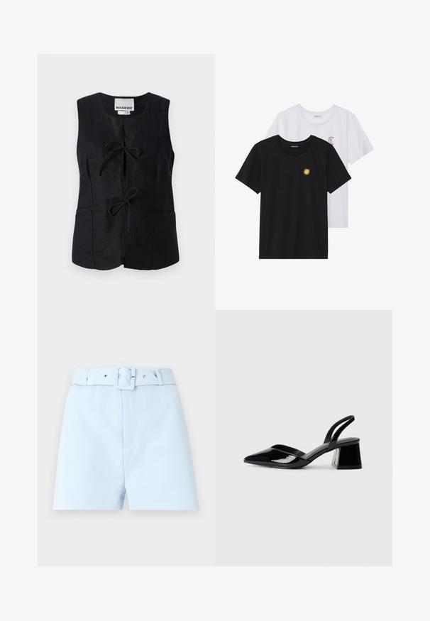 Čierny bezrukávový kabát s výstrihom do V, predným uväzovaním, dvoma vreckami a hladkým povrchom. Minimalistický dizajn s čistými líniami.; Čierne a biele tričká, okrúhly výstrih, krátke rukávy. Čierne tričko má žltú výšivku slnka; biele má fialový mesiac ako akcent.; Svetlomodré šortky s opaskom v páse, s štvorcovou sponou a kovovými doplnkami. Hladká tkanina, tailored strih a skladaná predná časť.; Čierne lakované kožené sandálové podpätky s špicatou špičkou a geometrickým blokovým podpätkom. Disponujú elegantným, minimalistickým dizajnom a hladkým povrchom.
