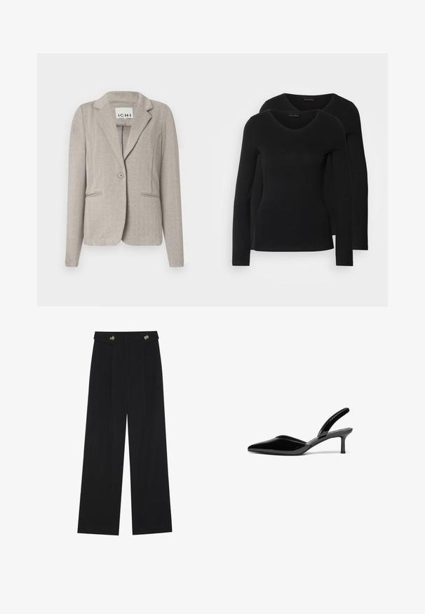 Blazer em cinza claro com padrão de espinha de peixe, com fecho de um único botão, dois bolsos frontais e lapelas com recortes. Feito de tecido texturizado.; Duas camisetas pretas de manga longa com design em V, feitas de um tecido macio e elástico, apresentando uma textura suave e um formato ajustado.; Calças largas pretas com cintura alta, detalhes em botão na cintura e pregas frontais.; Sapatilhas de salto slingback em couro sintético preto com bico fino, salto stiletto baixo e um design elegante e simples, sem embellishments.