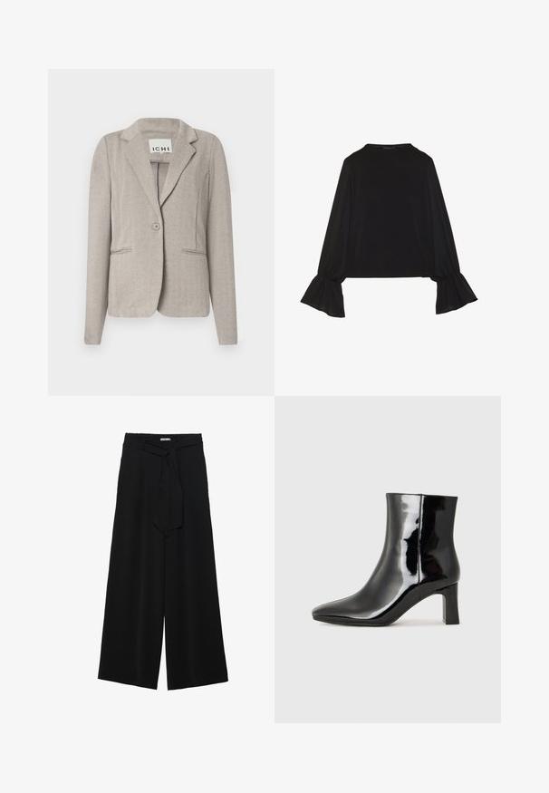 Blazer em cinza claro com padrão de espinha de peixe, com fecho de um único botão, dois bolsos frontais e lapelas com recortes. Feito de tecido texturizado.; Top preto de mangas longas com punhos largos, textura suave e um corte descontraído, com um simples decote redondo.; Calças largas pretas com um tecido texturizado, uma cintura elástica e um laço destacável na cintura para um ajuste ajustável.; Botim de tornozelo em pele sintética preta com bico apontado e salto bloco de altura média. Textura suave e design minimalista.