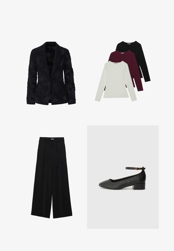 Czarny żakiet wykonany z przezroczystego materiału, ozdobiony haftami kwiatowymi i cekinami. Posiada zapięcie na jeden guzik oraz klapy z wcięciem.; Koszulki z długim rękawem w kolorach białym, burgundowym i czarnym. Wykonane z miękkiej tkaniny, z okrągłym dekoltem i dopasowanym krojem. Idealne do warstwowego ubierania.; Czarne spodnie szerokie z teksturowanej tkaniny, z elastycznym paskiem w talii i odpinanym paskiem w talii dla regulowanego dopasowania.; Czarne skórzane szpilki z ostrym noskiem i niskim słupkowym obcasem. Wyposażone w pasek na kostkę z złotym zapięciem. Gładka tekstura.