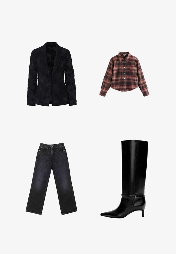 Musta bleiseri, joka on valmistettu läpinäkyvästä kankaasta ja jossa on kukkakirjontaa ja kimalteita. Varustettu yksittäisellä nappiläpsyllä ja lovilla kauluksilla.; Lyhyeksi leikattu ruudullinen paita burgundin ja ruskean sävyissä, jossa on napitus etuosassa, kaulus ja rintatasku. Pehmeää kangasta ja pitkähiha.; Korkeavyötäröiset mustat farkut, joissa on leveä lahje, viisi taskua ja näkyvät tikkaukset. Kangas on sileä, hieman teksturoitu pinnaltaan.; Mustat nahkasaappaat polven yli, joissa on terävä kärki ja pieni korko. Niissä on kapea hihna metallisoljella nilkan ympärillä. Suora pinta.