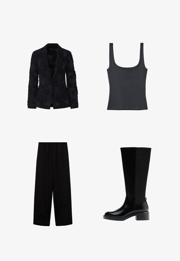 Čierny blazer vyrobený z priehľadnej látky, zdobený kvetinovou výšivkou a flitrami. Má zapínanie na jeden gombík a klopové golier.; Čierny tielko vyrobené z jemnej bavlnenej zmesi, s výstrihom do V a širokými ramienkami, s priliehavým strihom a bez viditeľných vzorov.; Čierne široké nohavice s elastickým pásom a šnúrkou, vyrobené z mäkkej látky, s hladkou textúrou a bez ďalších vzorov.; Čierna čižma po kolená s hladkým koženým povrchom, výrazným šitím, masívnym podpätkom a textúrovaným zadným panelom pre väčší záujem.