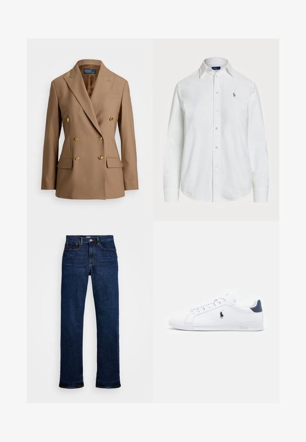 Double-breasted blazer in light brown fabric, featuring gold buttons, notched lapels, and two front pockets with a smooth texture.; White button-up shirt made of cotton with a classic collar, long sleeves, and a small embroidered logo on the chest. Textured fabric.; Dark blue denim jeans with a straight-leg cut, featuring five pockets, copper stitching, and a classic button closure.; White leather sneakers with a smooth finish, navy accents, and a small logo on the side. Features flat laces and textured rubber sole.