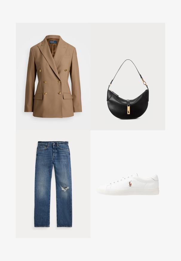 Divkārtīga žakete gaiši brūnā audumā ar zelta pogām, ar iegrieztām atloks un divām priekšējām kabatām ar gludu tekstūru.; Tums zils polo krekls, kas izgatavots no kokvilnas, ar īsām piedurknēm, trīs pogu aizdari un sarkanu izšuvumu logotipu uz kreisā krūškurvja.; Zilas džinsu bikses ar vidēju vidukļa augstumu, piecām kabatām un saplaisājušām izsistēm labajā ceļgalā.; Baltas ādas sporta apavi, zema dizaina, ar gludu tekstūru, noapaļotu purngalu, ar auklēm priekšpusē un nelielu izšūtu logotipu sānos.; Melnas ādas rokas soma pusmēness formas. Iezīmē zelta metāla akcentus un šauru siksniņu. Gluda tekstūra, rāvējslēdzēja aizdare augšpusē.