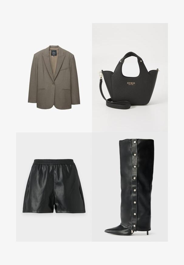 Brauner Blazer mit strukturierten Schultern, einreihiger Knopfschluss und Reverskragen. Verfügt über zwei frontale Taschen und ein glattes Innenfutter.; Weißer Kabelstrickpullover mit langen Ärmeln, runder Ausschnitt und geripptem Saum. Eingerichtet mit einem kleinen Markenlogo auf der Brust.; Schwarze Shorts aus Kunstleder mit elastischem Bund, die eine glatte Textur und einen lockeren Schnitt bieten. Keine sichtbaren Muster oder Akzente.; Schwarze Lederstiefel mit hohen Absätzen, die ein tailliertes Design, eine spitze Zehe und silberne Druckknopfakzente entlang der Seite aufweisen.; Schwarze, strukturierte Handtasche mit kurzen Griffen und einem abnehmbaren Schultergurt. Mit einem goldenen Logo-Akzent. Kompakte, strukturierte Form.