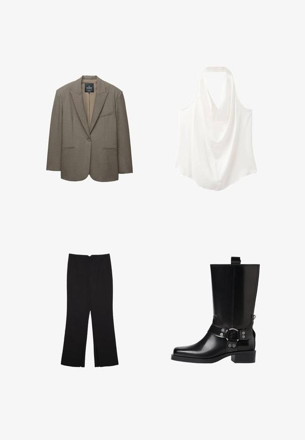 Bruine blazer met gestructureerde schouders, enkele knopen sluiting en notch revers. Voorzien van twee voorzakken en een gladde binnenvoering.; Witte mouwloze blouse met een gedrapeerde halslijn, gemaakt van een soepele stof, met een vloeiende uitstraling en een gebogen zoom.; Zwarte broek met een rechte pasvorm, voorzien van zijzakken en plooien aan de onderzijde. Gemaakt van zachte, gladde stof. Geschikt voor verschillende gelegenheden.; Zwarte leren kniehoog laars met een puntige neus, zilverkleurige gesp accentuaties en een stevige hak. Beschikt over een trekband voor eenvoudig aan- en uittrekken.