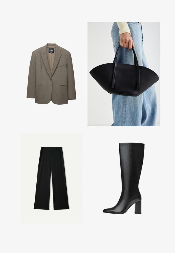 Hnědý blazer se strukturovanými ramenními vycpávkami, jednořadou knoflíkovou légou a klopami. Má dvě přední kapsy a hladkou podšívku.; Černé tričko s krátkým rukávem vyrobené z měkké tkaniny, s kulatým výstřihem a volným střihem, s hladkým povrchem a bez vzorů.; Bershka WIDE - Kalhoty - black; Černé kozačky nad kolena vyrobené z umělé kůže s špičatou špičkou, hladkým povrchem a robustním blokovým podpatkem. Minimalistický design bez viditelných dekorací.; Černá kožená kabelka s jedinečným tvarováním ve tvaru vějíře, vybavená plochými uchy. Povrch má jemně zrnitou texturu a minimalistický design.