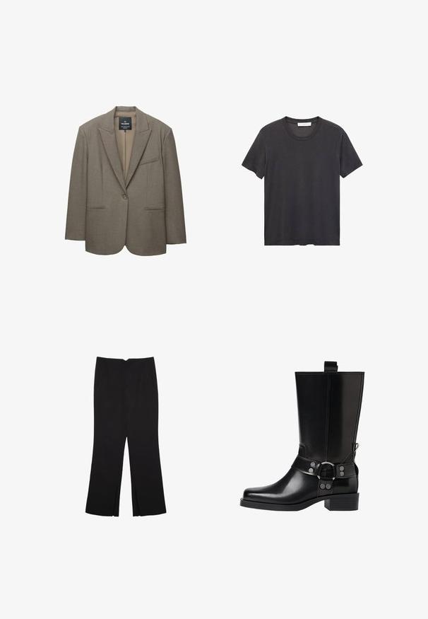 Brown blazer with structured shoulders, single button closure, and notched lapels. Features two front pockets and a smooth inner lining.; Black crew-neck t-shirt made of soft cotton. Short sleeves, relaxed fit, and straight hem with no embellishments or patterns.; Black trousers with a straight fit, featuring front pockets and side slits at the hem. Made of soft, smooth fabric. Suitable for various occasions.; Black leather knee-high boot with a pointed toe, silver buckle accents, and a chunky heel. Features a pull tab for easy wear.