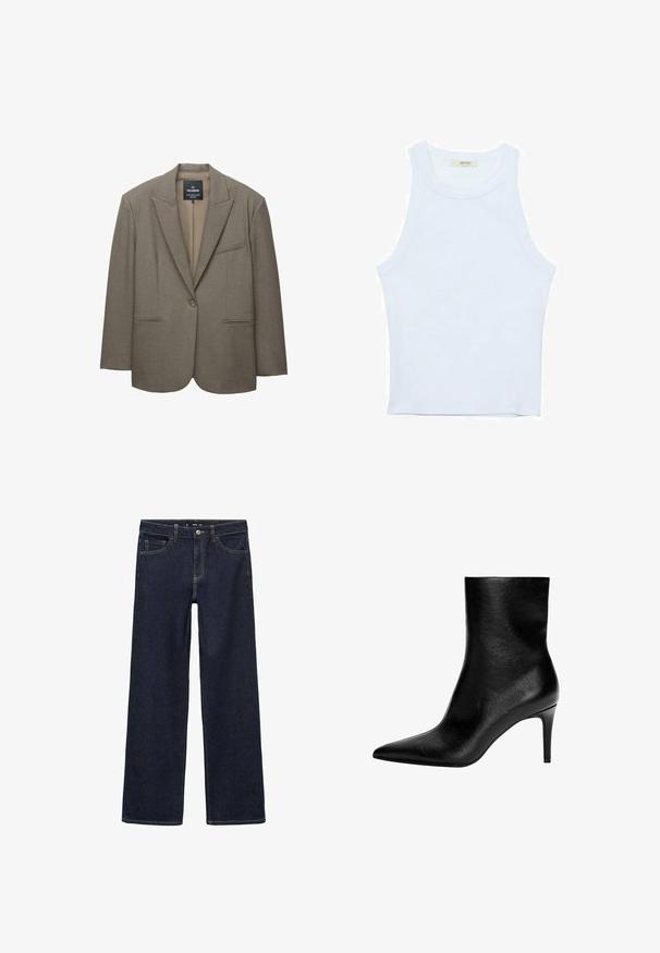 Smeđi sako sa struktuiranim ramenima, zatvaranjem na jedan dugme i reverima. Ima dva prednja džepa i glatku unutrašnju postavu.; Bijela majica na bretele, rebrasta tekstura, okrugli izrez, bez rukava, uski kroj, suptilno brendiranje na etiketici unutar područja ovratnika.; Tamno plave traperice s opuštenim krojem. Imaju visoki struk, pet džepova i kontrastno šivanje. Ravne nogavice, bez ukrasa.; Crne kožne gležnjače s šiljatim vrhom i uskim potpeticama srednje visine, glatke teksture, bez vidljivih kopčanja.