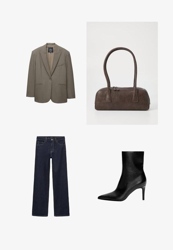 Hnedý blejzer so štruktúrovanými ramenami, zapínanie na jeden gombík a výstrih s našitými klopami. Obsahuje dve predné vrecká a hladkú vnútornú podšívku.; Biele tielko, rebrový textúra, okrúhly výstrih, bezrukávový dizajn, priliehavý strih, diskrétne logo na štítku vo vnútri oblasti goliera.; Tmavé džínsy s voľným strihom. Majú vysoký pás, päť vreciek a kontrastné švy. Priamy strih, bez zdobenia.; Čierna kožená členková čižma s šiškovou špicou a štíhlym stredne vysokým ihlovým podpätkom, hladkou textúrou a bez viditeľného zapínania.; Hnedá kožená kabelka s dvoma pevným uchami, obdĺžnikovým tvarom, hladkým povrchom a zipsovým uzáverom. Minimalistický dizajn bez viditeľných vzorov.