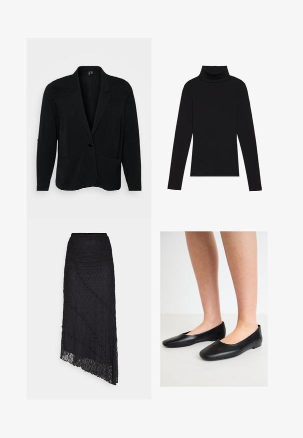 Czarna marynarka wykonana z teksturowanej tkaniny, z wycięciem na klapie, z pojedynczym zapięciem na guzik oraz dwoma przednimi kieszeniami. Luźny krój z długimi rękawami.; Czarna bluzka z długim rękawem i kołnierzem typu stójka, wykonana z prążkowanej tkaniny, charakteryzuje się dopasowanym krojem, wysokim dekoltem oraz brakiem wzorów i zdobień.; ONLY ONLKIM czarny; Czarne baleriny wykonane z gładkiej skóry, z zaokrąglonym noskiem i niską, płaską podeszwą, charakteryzujące się designem wsuwanym i brakiem widocznych elementów metalowych.