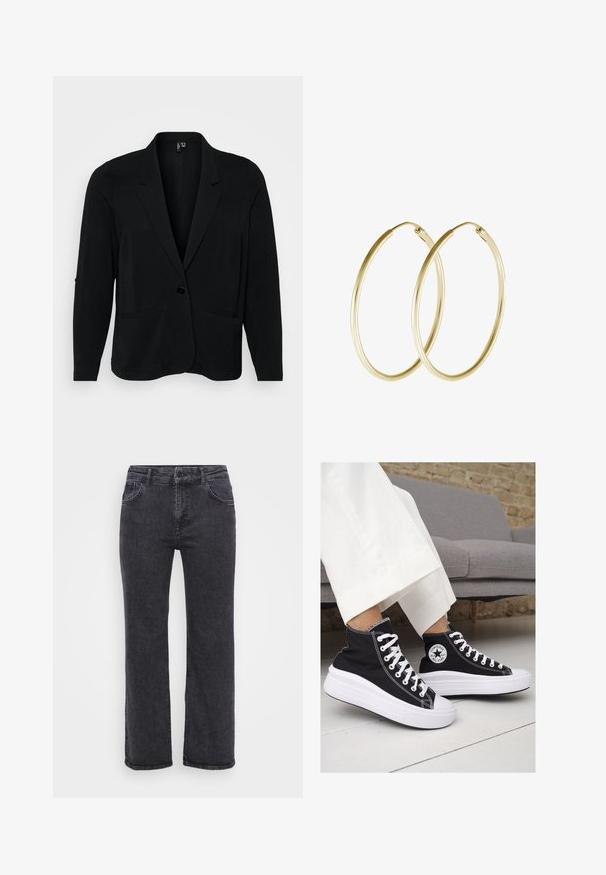 Czarna marynarka wykonana z teksturowanej tkaniny, z wycięciem na klapie, z pojedynczym zapięciem na guzik oraz dwoma przednimi kieszeniami. Luźny krój z długimi rękawami.; Trzy dopasowane koszulki w kolorze białym, szarym i czarnym. Każda z nich ma szeroki dekolt w serek i krótkie rękawy. Wykonana z gładkiego, elastycznego materiału.; Czarne dżinsy o prostym kroju nogawki, pięć kieszeni i zapięcie na guzik. Materiał ma lekko wyblakłą teksturę i mocne przeszycia.; Czarne trampki typu high-top z białą gumową podeszwą i sznurowadłami. Posiadają okrągłe logo z boku oraz kontrastujące białe szwy.; Złote kolczyki w formie obręczy z gładkim, zaokrąglonym wzornictwem o błyszczącym wykończeniu. Lekka konstrukcja z bezpiecznym zapięciem.