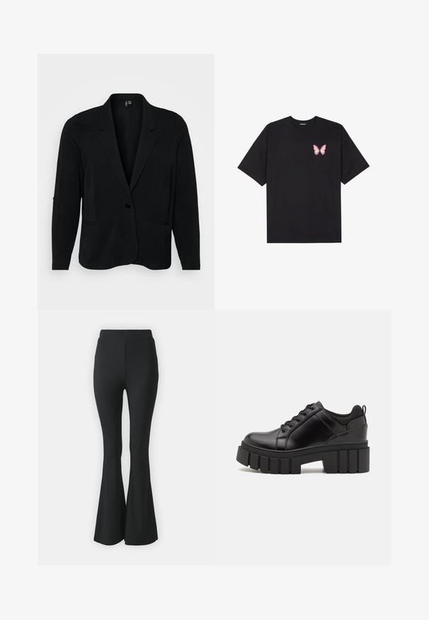 Črn blazer iz teksturirane tkanine, s pikčasto naramnicami, enojnim gumbom in dvema sprednjima žepoma. Ohlapen kroj z dolgimi rokavi.; Črna bombažna majica s kratkimi rokavi, ki ima majhen roza metuljček na levi strani prsnega dela. Majica s krožnim ovratnikom in sproščenim krojem.; Črne razširjene hlače, narejene iz raztegljive tkanine. Imajo visok pas in gladek, oprijet dizajn, ki se razširi od kolena navzdol.; Črne usnjene platforme z debelim blokastim petam, okroglo konico in klasičnim vezanjem. Imajo gladko teksturo in minimalne podrobnosti.