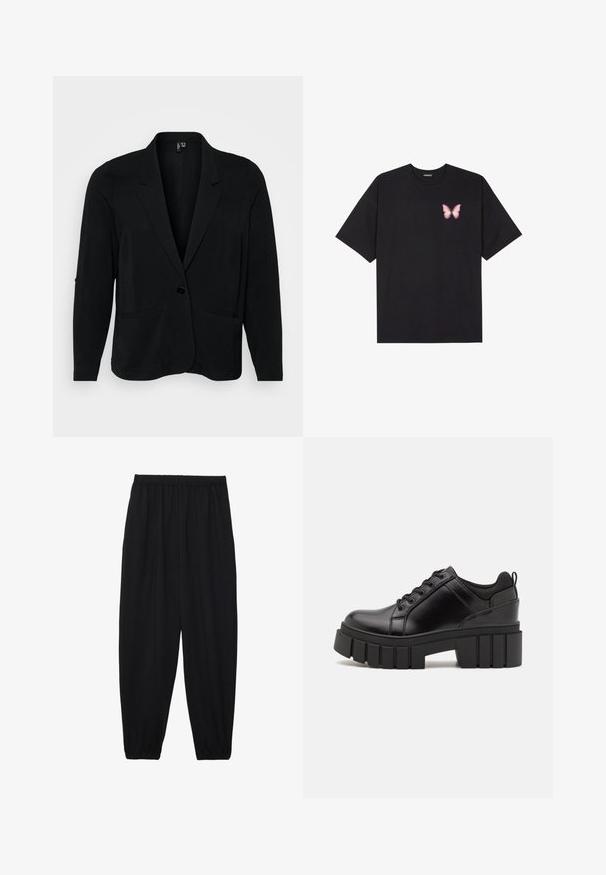 Zwarte blazer van gestructureerde stof, met een notch-kraag, een enkele knoopsluiting en twee voorkwapen. Relaxte pasvorm met lange mouwen.; Zwarte katoenen t-shirt met korte mouwen, voorzien van een kleine roze vlinder graphic op de linkerkant van de borst. Crew neck ontwerp met een relaxte fit.; Zwarte, lichte broek met een elastische tailleband en gathered enkels. De stof is glad en heeft een ontspannen, taps toelopend ontwerp.; Zwarte leren platform schoenen met een stevige blokhak, ronde neus en een traditionele vetersluiting. Kenmerkt zich door een gladde textuur en minimale details.