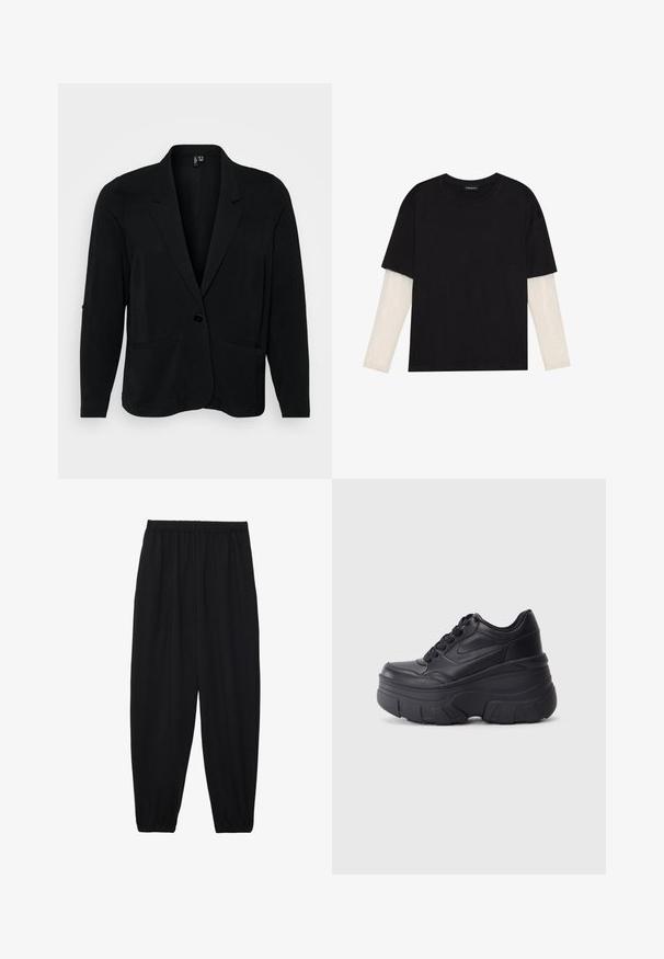 Juodas bleizeris, pagamintas iš tekstūruotos medžiagos, su iškarpytu apykakle, vienu mygtuko uždarymu ir dviem priekinėmis kišenėmis. Laidūs siluetas su ilgomis rankovėmis.; Juodas medvilninis marškinėliai su trumpomis rankovėmis, virš baltos ilgo rankovio sluoksnio, turinčio subtilų tekstūrinį raštą. Apvalus iškirpimas.; Juodi, lengvi kelnių su elastinga juosmens juosta ir surinktais kulkšniais. Audinys yra lygus ir turi atsipalaidavusį, siaurėjantį dizainą.; Juodi lakuoti sportbačiai su masyviu padu, turintys sklandų odinį viršų, suapvalintą pirštą ir išskirtinį sluoksniuotą platformos dizainą.