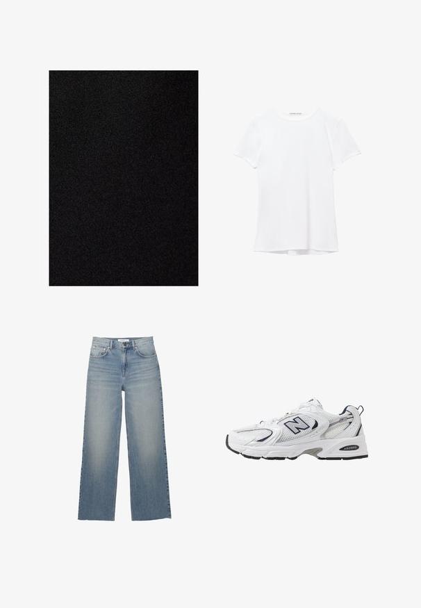 Schwarzer Stoff mit einer glatten, matten Textur. Die Oberfläche ist einheitlich ohne Muster oder sichtbare Nähte.; Weißes T-Shirt mit kurzen Ärmeln aus glatter Stoffqualität, mit rundem Ausschnitt und dezenten Nähten am Saum.; Helle blaue weit geschnittene Jeans aus Denim mit hoher Taille, vorderen Taschen und einem Knopfverschluss. Glatte Textur mit ausgewaschenen Stellen.; Weißer Sportschuh mit Mesh-Obermaterial, navyblauen Akzenten und gepolsterter Sohle. Verfügt über das "N"-Logo, Schnürsenkel und eine strukturierte Detailverarbeitung an der Seite.