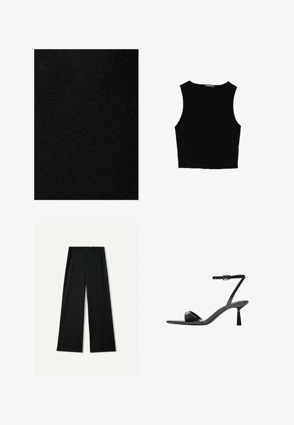 Musta kangas, jossa on sileä, matta pinta. Pintakuvio on yhtenäinen ilman kuvioita tai näkyviä saumoja.; Musta hihaton crop-top, joka on valmistettu sileästä kankaasta, jossa on pyöreä kaula-aukko ja siisti, yksinkertainen muotoilu ilman kuvioita tai varusteita.; Bershka WIDE - Housut - black; Bershka Korolliset sandaalit - black