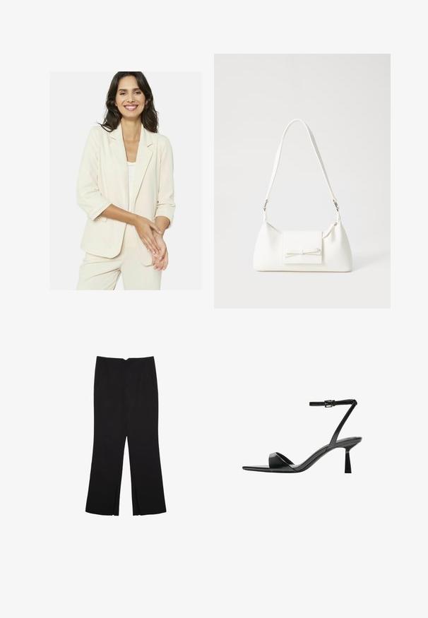 Vaaleanbeige bleiseri, jossa on rento malli, klassinen kaulus, ¾-hihat ja pehmeä tekstuuri. Pukeutunut valkoisen päällitakin päälle.; Musta hihaton paita, joka on valmistettu puuvillasta, ja jossa on pyöreä kaula-aukko sekä leveät kainaloaukot. Silkkinen pinta ja ommellut reunat. Klassinen, minimalistinen muotoilu.; Mustat housut suoralinjaisella leikkauksella, joissa on etutaskut ja sivurei'ät helman alla. Valmistettu pehmeästä ja sileästä kankaasta. Sopii eri tilaisuuksiin.; Bershka Korolliset sandaalit - black; Valkoinen synteettinen käsilaukku, jossa on kolmikulmainen muoto, tasainen etu läppä ja nauhadetail, säädettävä olkahihna, sileä rakenne ja minimalinen muotoilu.