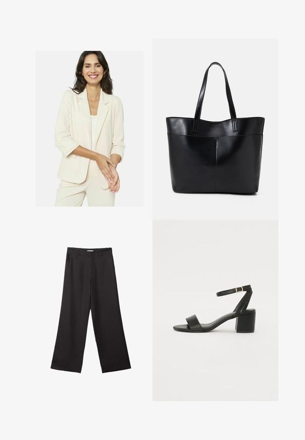 Jasno beżowa marynarka o luźnym kroju, z klasycznym klapem, rękawami do długości trzech czwartych oraz miękką teksturą. Nosi na sobie biały top.; Biała koszulka z krótkim rękawem, wykonana z bawełny. Posiada okrągły dekolt i luźny krój. Gładka faktura bez widocznych wzorów czy akcentów.; Czarne spodnie z szerokimi nogawkami, wykonane z gładkiego materiału, z przednim zamkiem błyskawicznym i dwoma bocznymi kieszeniami, o dopasowanym kroju i minimalistycznym wzornictwie.; Czarne sandały na obcasie z gładkiej skóry, z odkrytymi palcami, szerokimi przednimi paskami oraz regulowanym paskiem na kostkę z detalem w postaci złotego zapięcia.; Czarna skórzana torba na ramię z dwoma długimi uchwytami, gładką teksturą i sztywną formą. Posiada przednią kieszeń dla dodatkowego przechowywania.