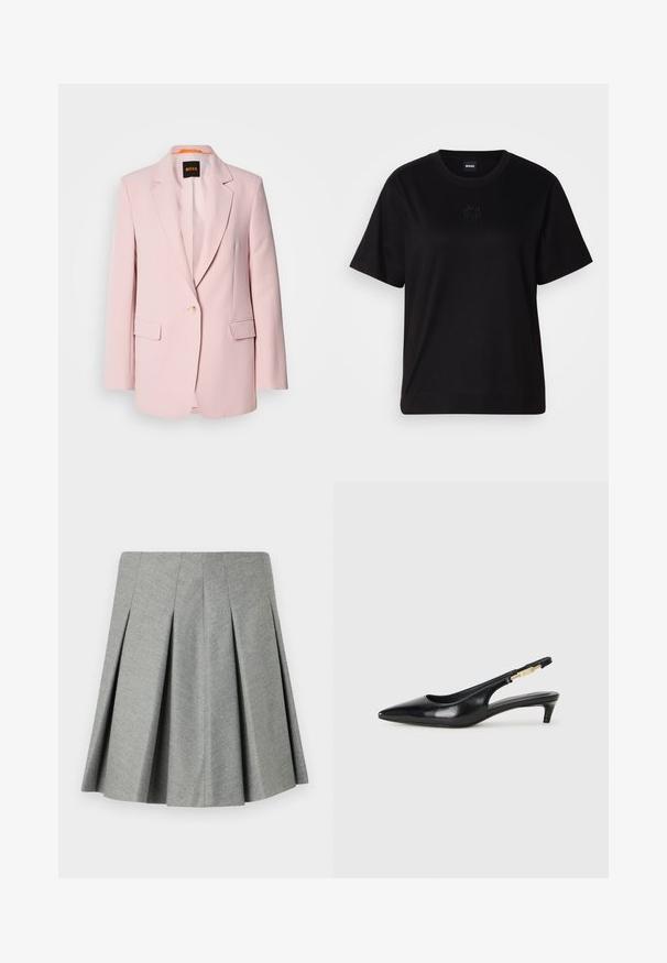 Rosa skreddersydd blazer med notched lapels, en enkelt knappelukking, to frontlommer og en glatt tekstur. Merketag synlig i kragen.; Svart bomull T-skjorte med rund hals, korte ermer og et brodert logo på brystet. Enkel, avslappet passform uten mønstre.; Plissert grått skjørt laget av teksturert stoff, med en tettsittende midje og en utsvingt design. Ingen synlige detaljer eller aksenter.; Sorte lærreim hæler med spiss tå, som har en slank hæl og en gullfarget detalj på den justerbare stroppen. Glatt tekstur.