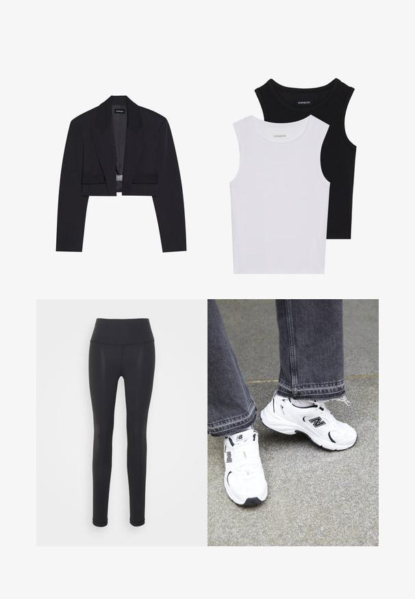 Cropped black blazer with a structured silhouette, wide lapels, single hook closure, and smooth texture. Minimalist design, no patterns.; Two sleeveless tops in black and white, made of ribbed cotton, featuring round necklines and a fitted design. Labels visible on both.; Black leggings made from stretchy fabric, featuring a high waistband, form-fitting design, and seamless construction, suitable for active wear.; White New Balance sneakers feature a mesh and synthetic upper with black accents. Worn with frayed hem gray jeans on a textured surface.