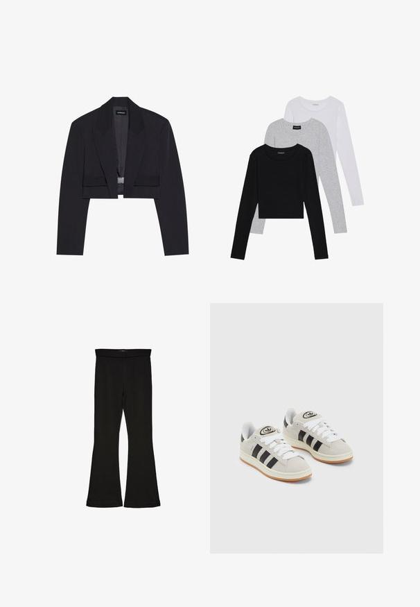Blazer noir raccourci avec une silhouette structurée, grands revers, fermeture à un crochet et texture lisse. Design minimaliste, sans motifs.; Trois hauts à manches longues empilés : noir, gris et blanc. Chacun a un col rond et un design court avec un tissu lisse et léger.; Leggings évasés noirs en tissu extensible. Présentent une taille large et une texture lisse, avec une coupe ajustée qui s'évasent au bas.; Baskets en suède gris avec des lacets blancs, des rayures noires et une semelle en caoutchouc blanc. Présentent un logo circulaire sur la languette et une semelle en gomme.