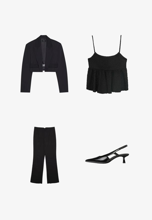 Blazer noir raccourci avec une silhouette structurée, grands revers, fermeture à un crochet et texture lisse. Design minimaliste, sans motifs.; Haut peplum noir avec fines bretelles réglables. Tissu texturé et plissé, corsage ajusté, partie inférieure évasée, sans accessoires visibles ni motifs.; Pantalon noir avec une coupe droite, doté de poches avant et d'éclairs sur l'ourlet. Fabriqué en tissu doux et lisse. Convient à diverses occasions.; Escarpins slingback en cuir verni noir avec un bout pointu, un design découpé sur les côtés et un petit talon carré. Texture lisse avec des accents minimaux.