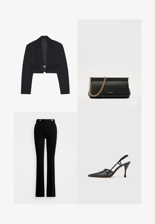 Fekete, cropped blézer, strukturált sziluettel, széles hajtókákkal, egyetlen horoggal záródik és sima tapintású. Minimalista dizájn, minta nélkül.; Fekete, hosszú ujjú garbó, sima anyagból készült. Magas nyakkal és testhezálló fazonnal rendelkezik, látható minták vagy díszítések nélkül.; Fekete harang szabású nadrág, rugalmas anyagból, magas derekú, két elülső zsebbel és ezüst gombos díszítéssel a deréknál.; Fekete bőr magassarkú slingback cipő, hegyes orral, keresztbe fonott pántos dizájnnal és vékony tűs sarkakkal. Sima felület és minimális díszítés.; Fekete bőr kisméretű táska arany lánccal, sima felülettel, téglalap alakú, és dombornyomott márkázással az elején.