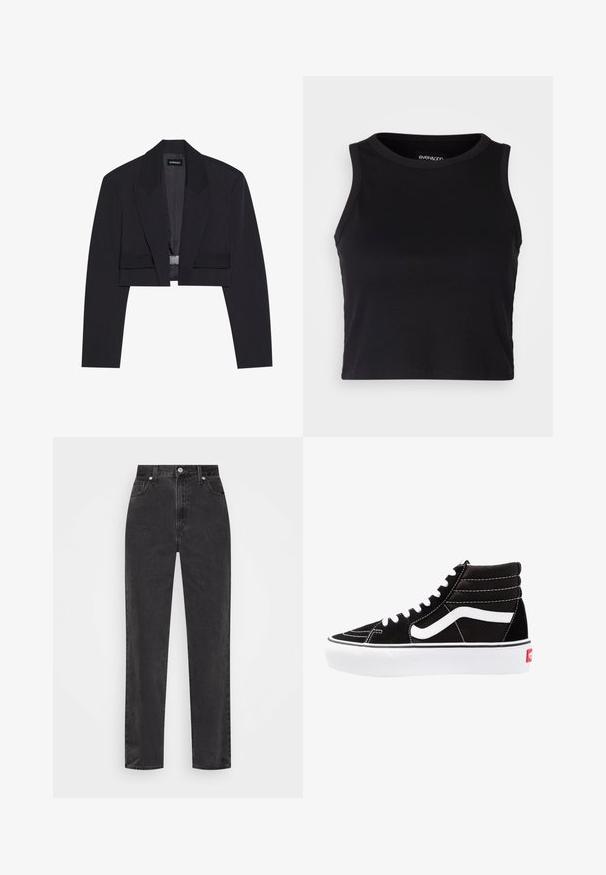 Cropped black blazer with a structured silhouette, wide lapels, single hook closure, and smooth texture. Minimalist design, no patterns.; Black ribbed crop tank top with a round neckline and sleeveless design. Made from soft, stretchy fabric, featuring clean hemmed edges.; Straight-leg black denim jeans with high waist, front button and zipper, and five-pocket styling on a white background.; Black high-top sneakers with white laces, a white logo, and contrasting white stitching. Features a thick white sole and textured suede upper.