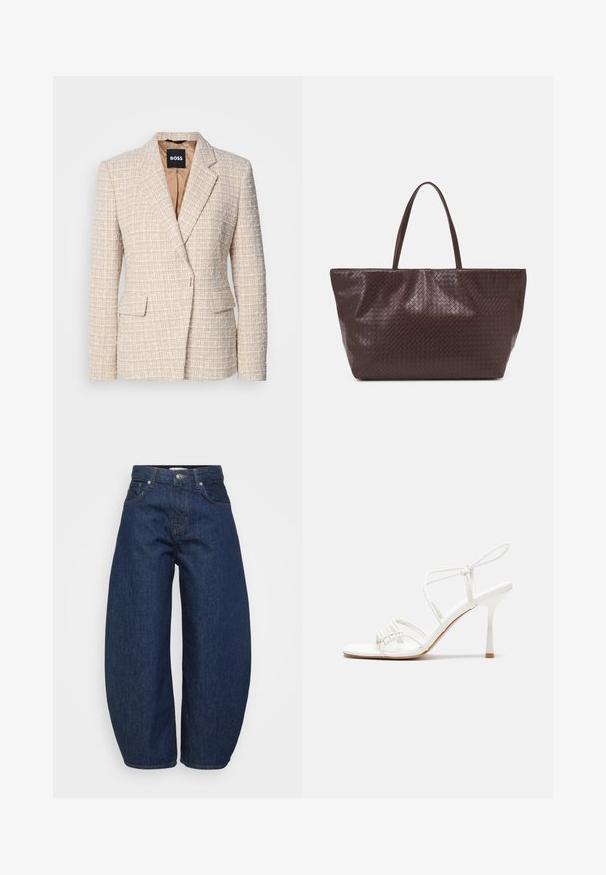 Beiger Blazer aus strukturiertem Stoff mit einem gewebten Muster, ausgestattet mit einem Reverskragen, zwei Fronttaschen und einem Satin-Innenfutter.; Weißes Hemd mit Knopfverschluss, das ein gepunktetes Muster in den Farben Blau, Pink und Grün zeigt. Klassischer Kragen, lange Ärmel und gerade Säume.; Hochtaillierte dunkelblaue Denim-Jeans mit weitem Bein, Knopf- und Reißverschluss vorne sowie klassischem Fünf-Taschen-Design.; Weiße, geschnallte High-Heel-Sandalen mit flacher Zehenbasis, strukturiertem Vorderteil mit gerafften Akzenten und schlankem Knöchelriemen.; Braune geflochtene Leder-Totetasche mit zwei Griffen, einer strukturierten Form und einer strukturierten Oberfläche, die ein durchgängiges Rautenmuster aufweist.; Silberne Creolen mit einer glatten, polierten Oberfläche. Runder Form und sicherem Klickverschluss. Leichtes Design, geeignet für den täglichen Gebrauch.