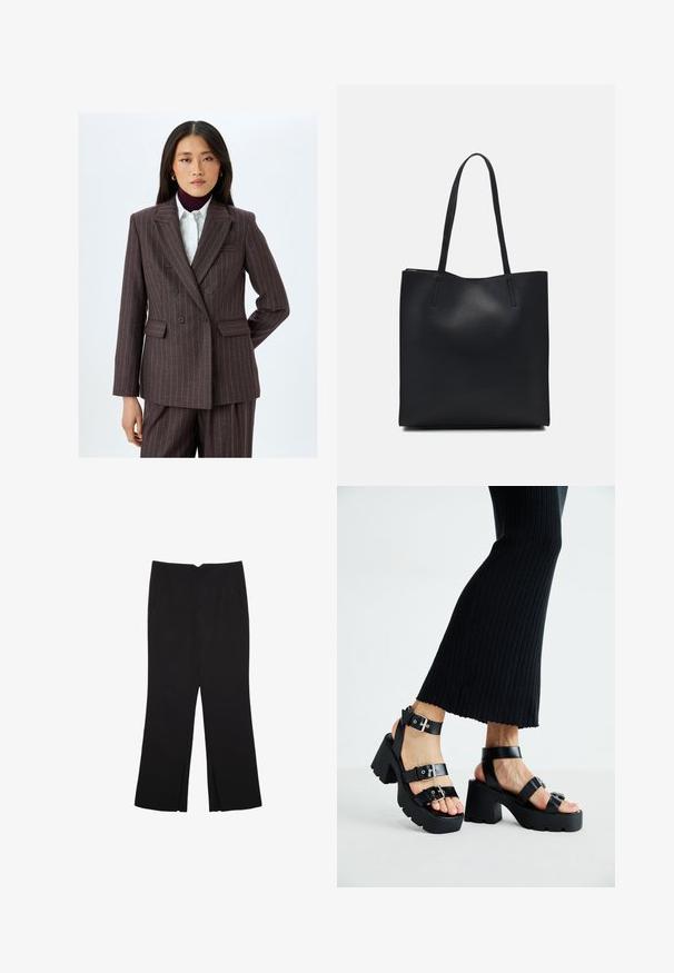 Blazer doppiopetto marrone scuro a righe con spalline, revers a taschino e tasche frontali; tessuto liscio con sottili righe a contrasto.; T-shirt nera in cotone con maniche corte, caratterizzata da una piccola grafica di una farfalla rosa sul lato sinistro del petto. Design a girocollo con una vestibilità rilassata.; Pantaloni neri a gamba dritta, con tasche frontali e spacchi laterali all'orlo. Realizzati in tessuto morbido e liscio. Adatti a diverse occasioni.; Sandali neri con piattaforma, suole chunky e tassellate, dotati di molteplici cinturini, con fibbie in metallo e un texture simile alla pelle liscia.; Borsa tote in pelle nera con texture liscia, forma rettangolare e due manici lunghi. Nessun hardware o decorazione visibile.